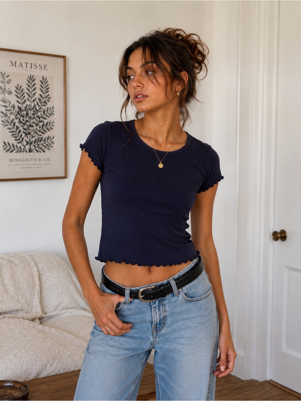 Short Sleeve Navy Ribbed Tee with Lettuce Hem Crop Top
